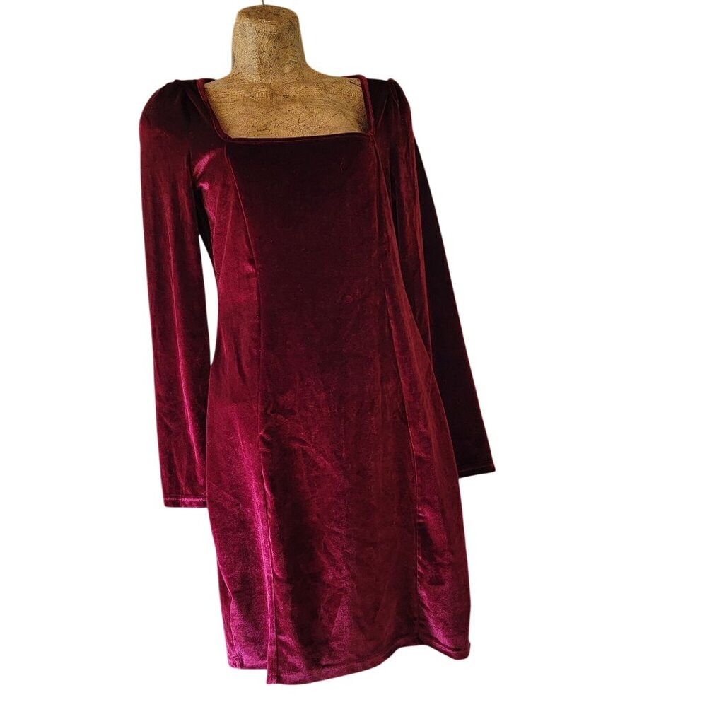 Vintage 90s Y2K Burgandy Velvet Long Sleeve Dress With Puff Shoulders & Square N